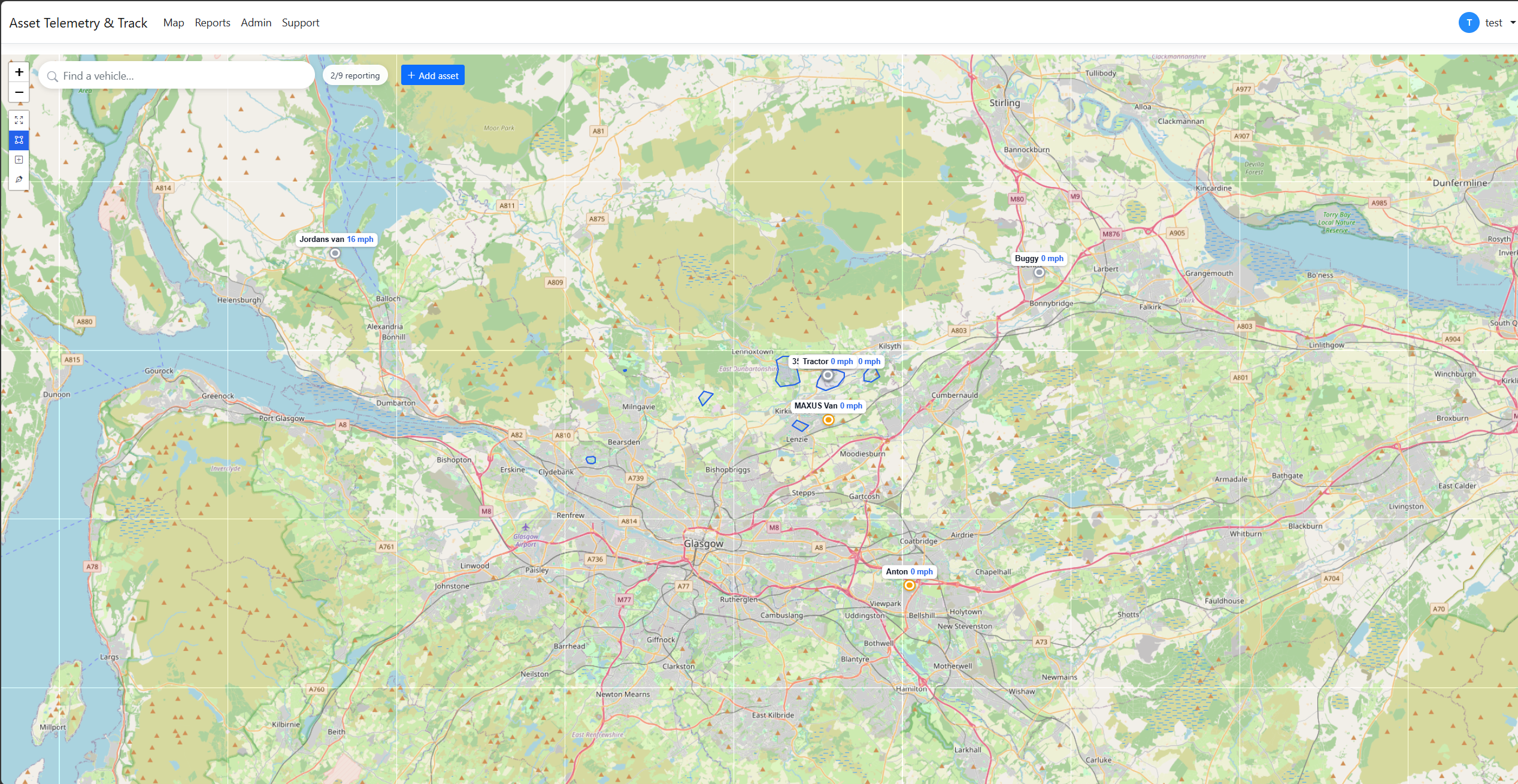 Live fleet map with vehicles and geofences